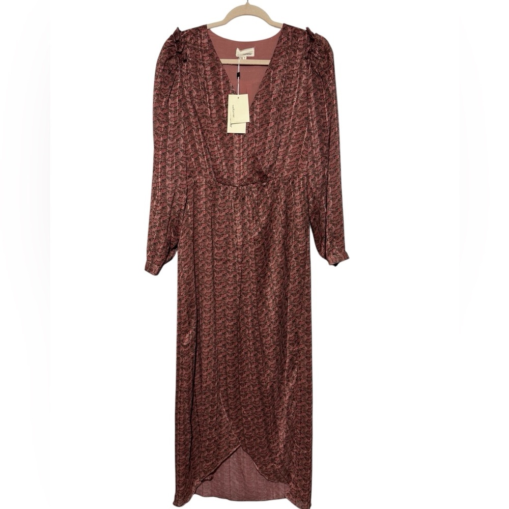 The Korner NWT Faux Wrap Long‎ Modest Long Sleeve Dress Large Fall Gold Sheer